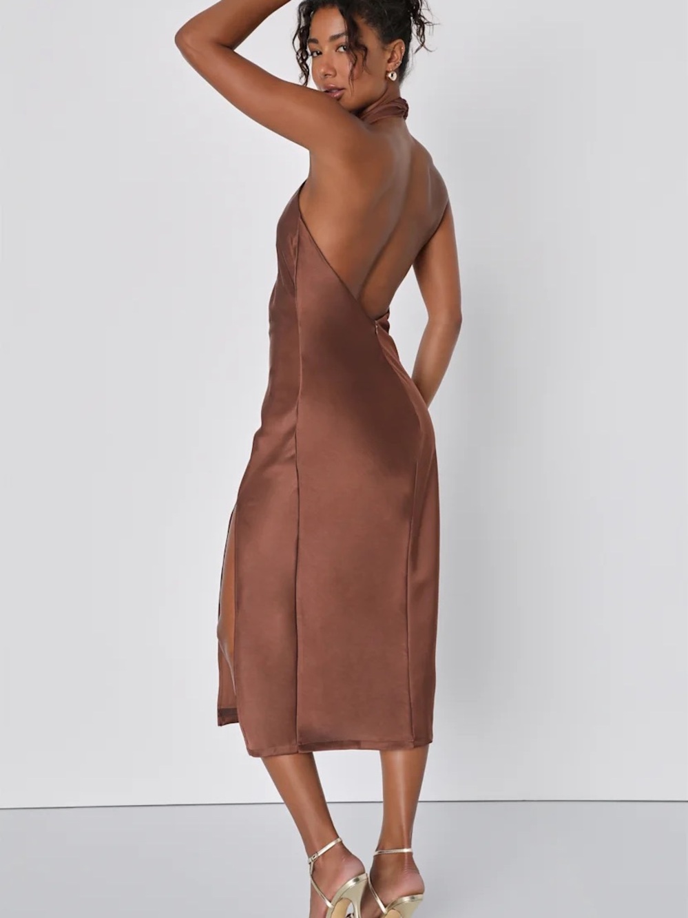 Lulu's Beyond Classy Satin Halter Backless Dress in Chocolate Brown - Picture 6 of 6